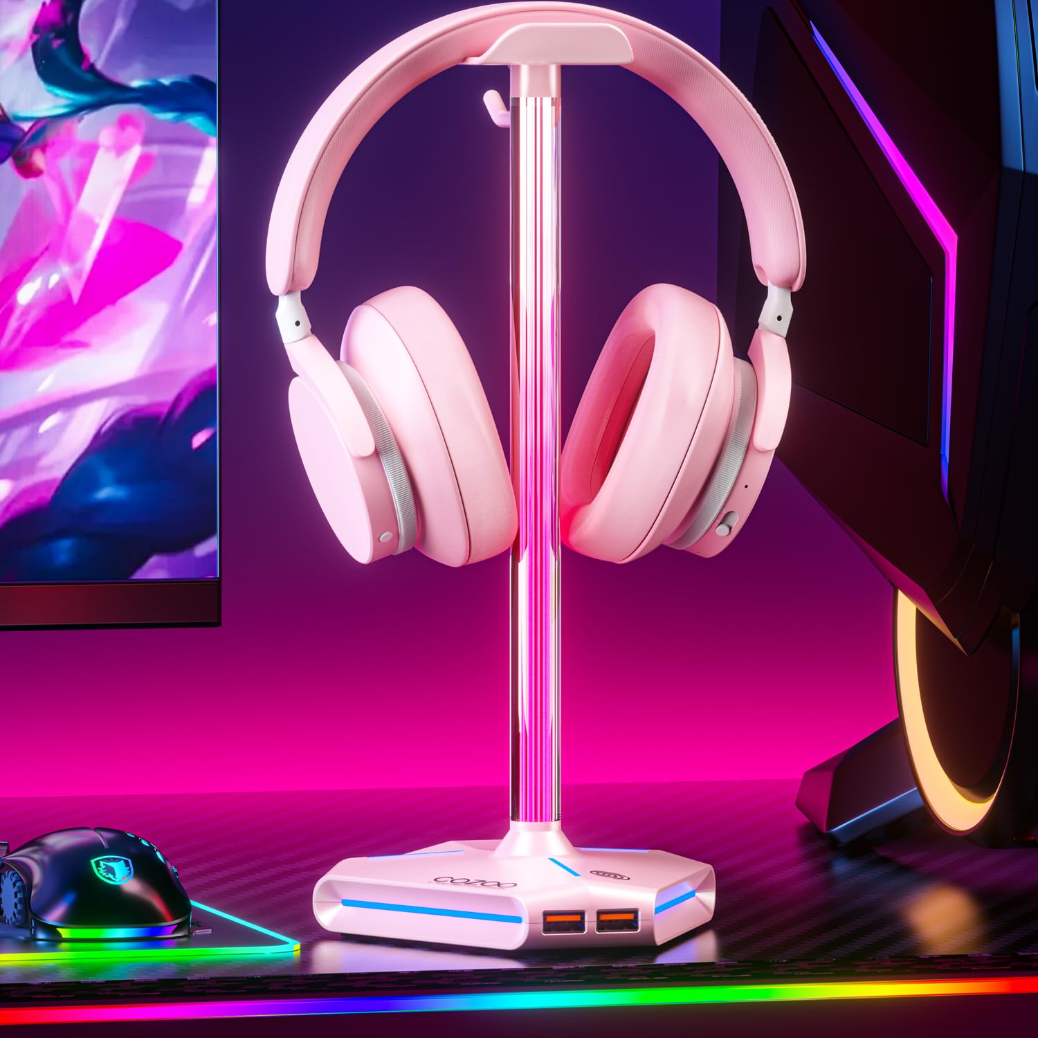 Pink RGB Headphone Stand with 2 USB Ports & Extension Cord, Gaming
